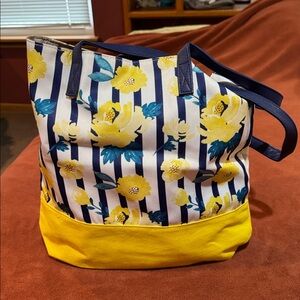 Yellow and Blue Striped Tote Bag with Flower Design 15”Lx14”Hx1”D